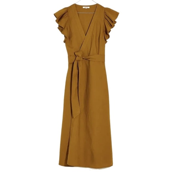 Madewell Women's Linen-Blend Ruffle Cap Sleeve Wrap Midi Dress Size XS NWT - Picture 2 of 10